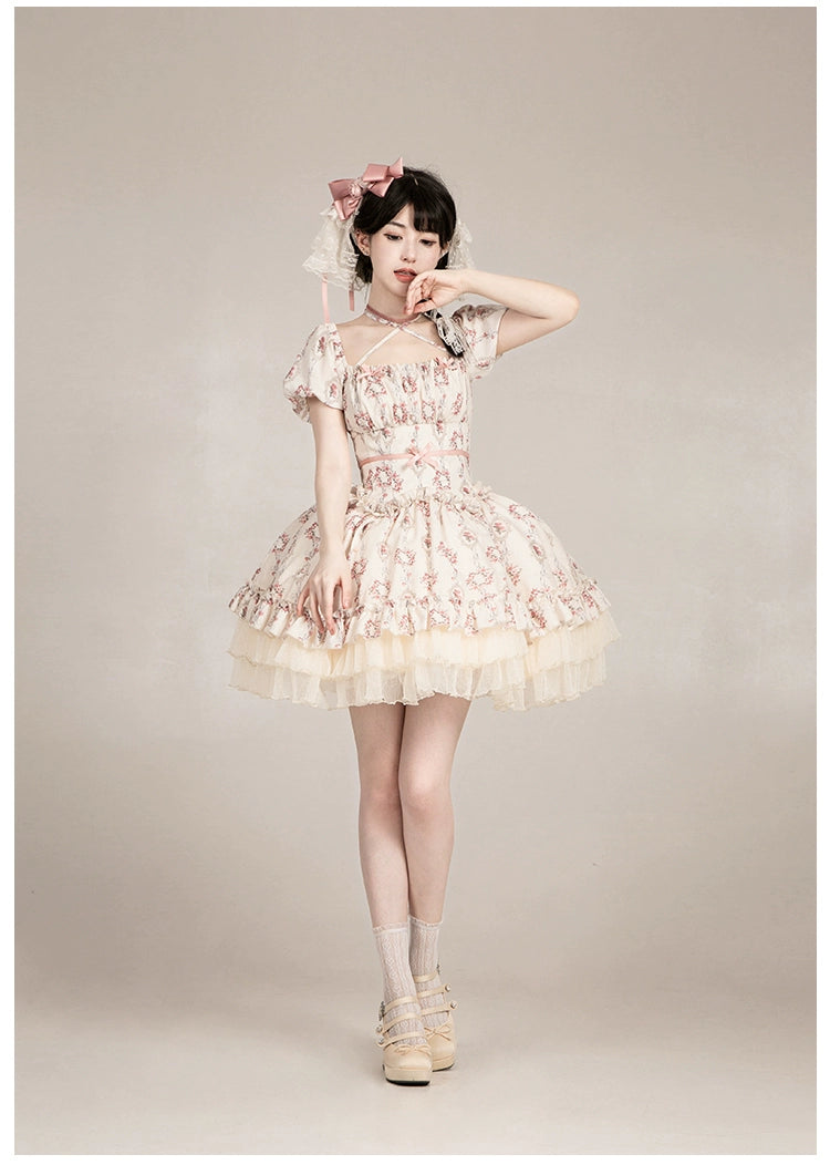 雨上がりの薔薇 プリントワンピース・ショート丈