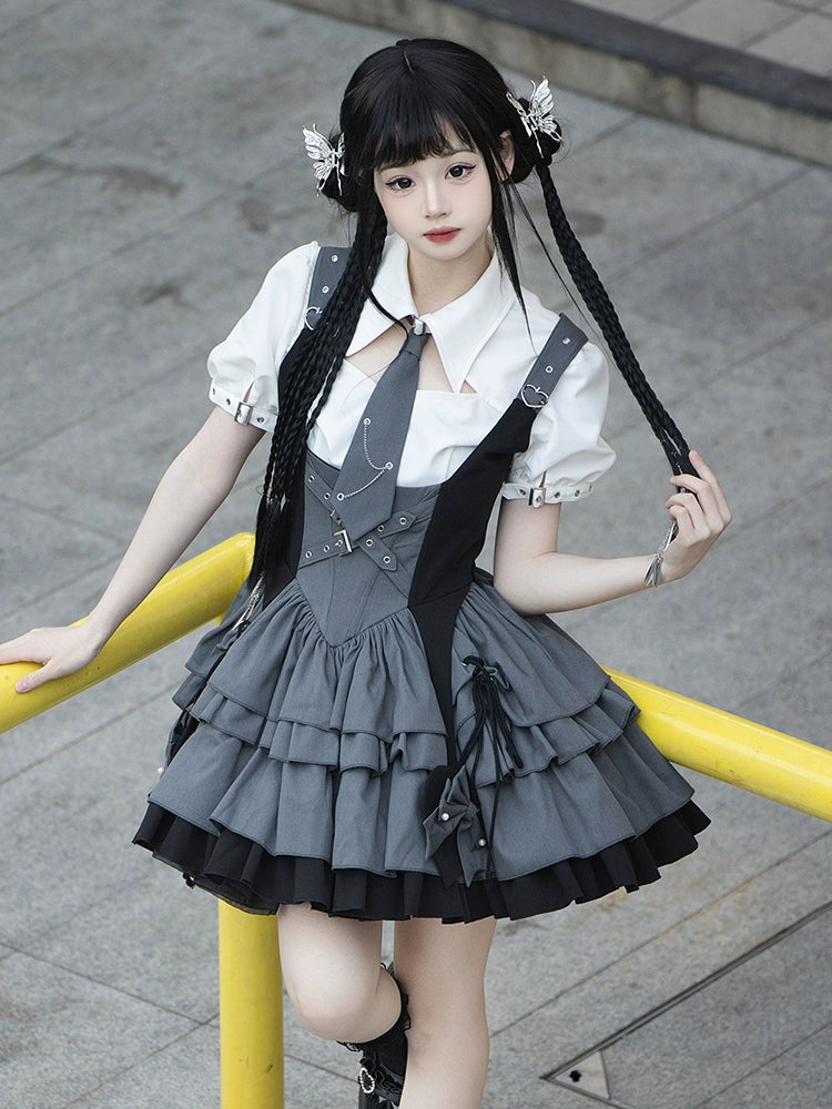 ベルトデザインバイカラージャンパースカート