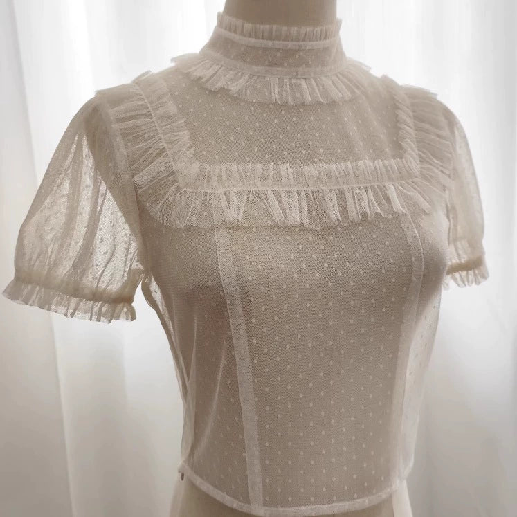 [Sales period ended] Cherry and Heart sheer dot short sleeve blouse