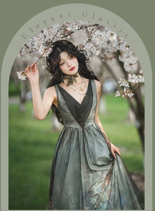【販売期間終了】Porcelain Flower Garden 油彩画のロング丈ジャンパースカート