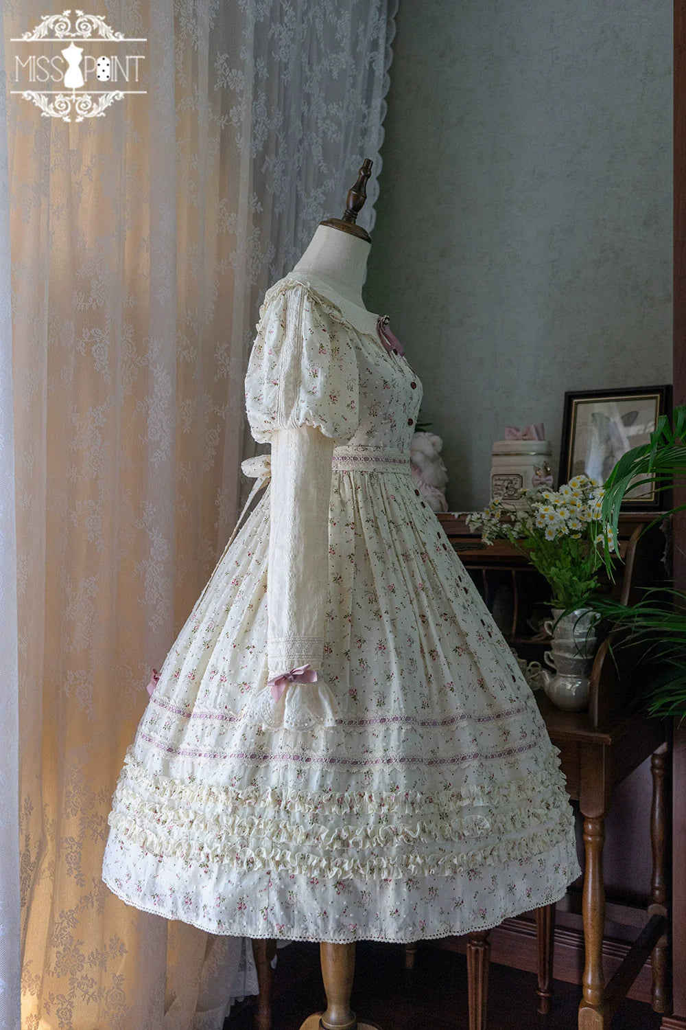 【予約販売】Pink Flower 小花模様のボタン付コットンワンピース