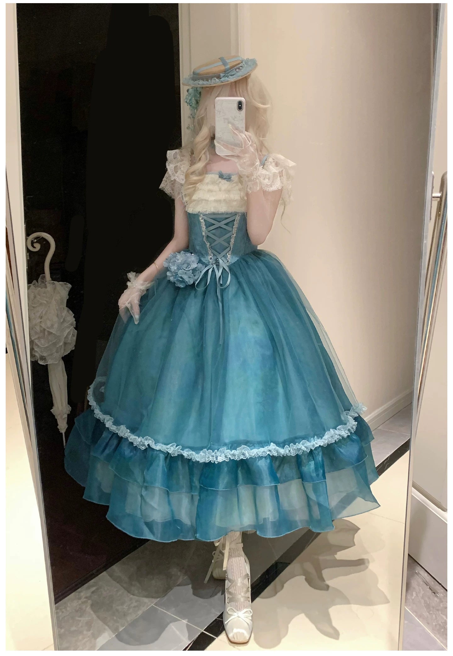 睡蓮 ブルーグリーンのフライングスリーブジャンパースカート