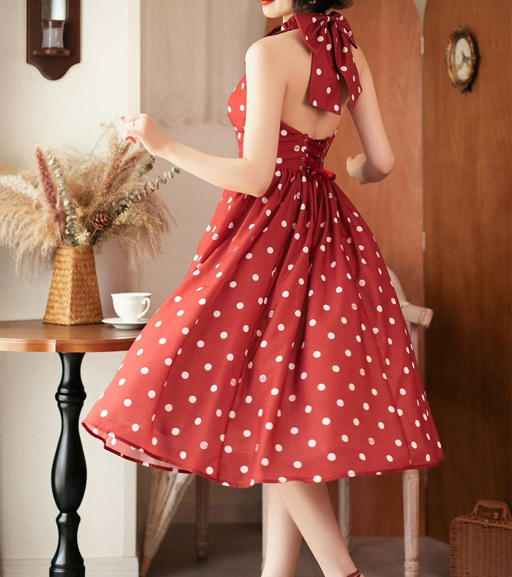 Afternoon Forest Retro Elegant Halter Neck Jumper Skirt with Hair Accessory