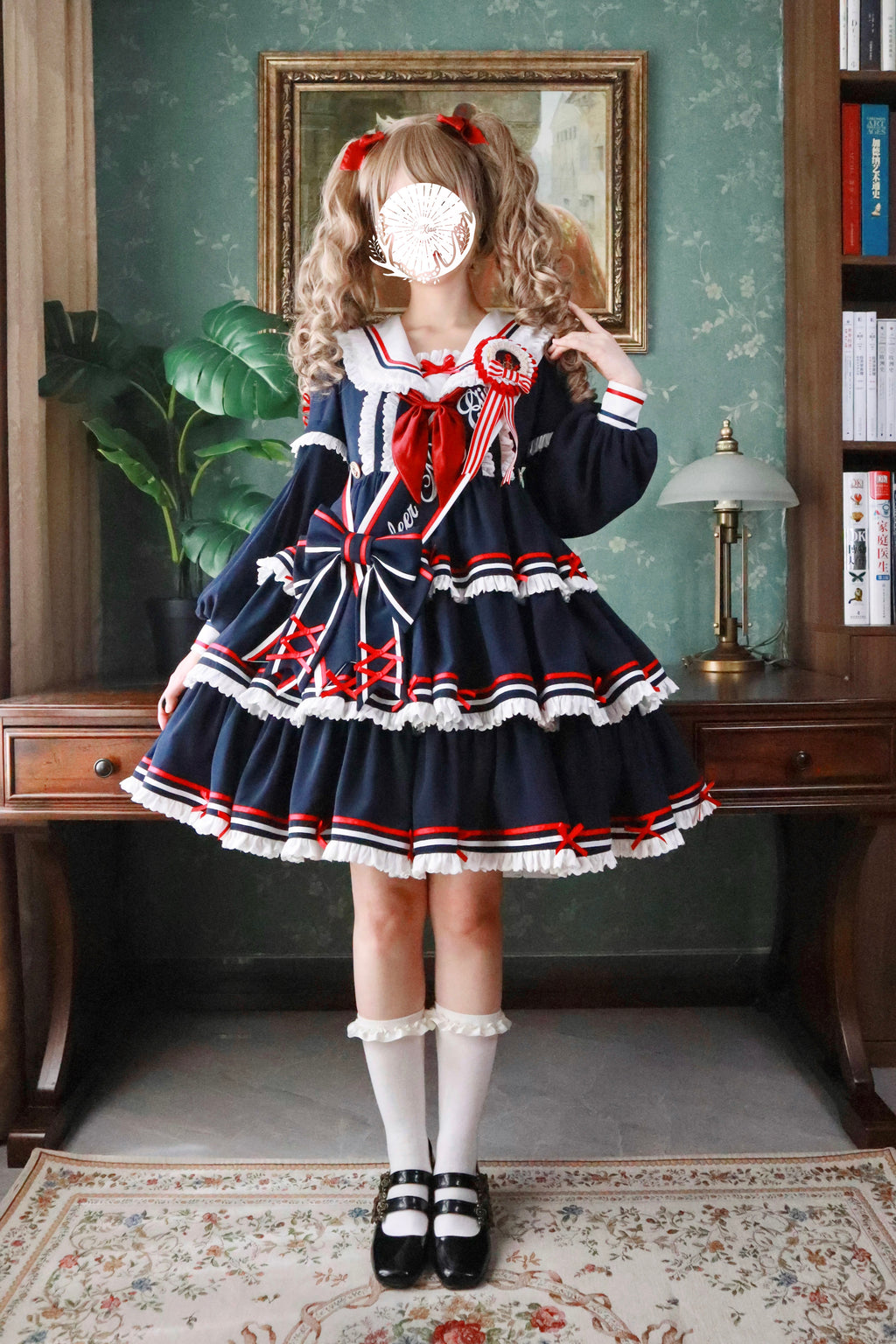 【受注予約4/28まで】セーラー襟と3段フリルの2wayマリンワンピース・ネイビー・ミドル丈