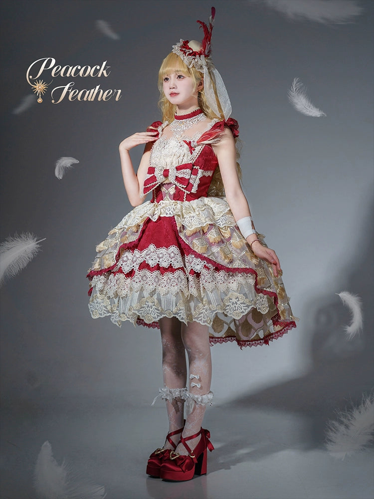 【受注予約6/18まで】Peacock Feather ミニドレス・レッド