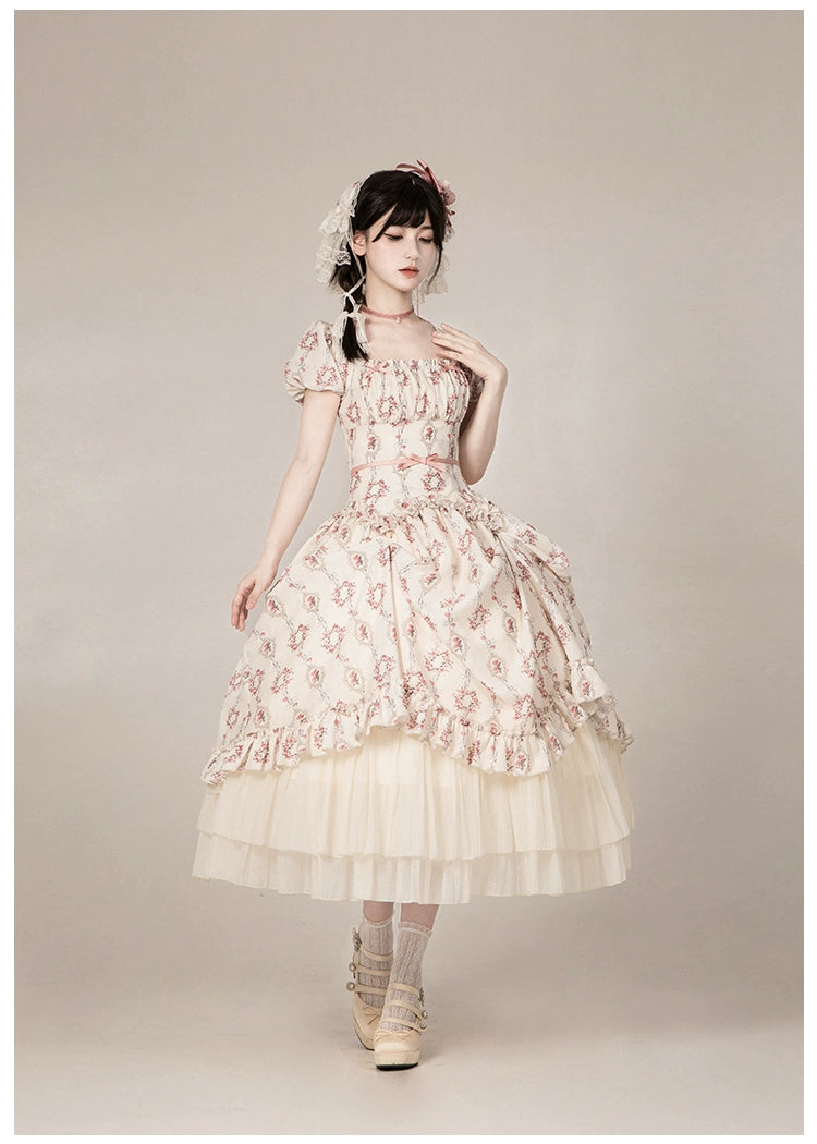 雨上がりの薔薇 プリントワンピース・ロング丈