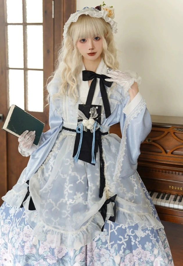 Camellia Flower Garden Japanese Alice Maid Costume with Apron