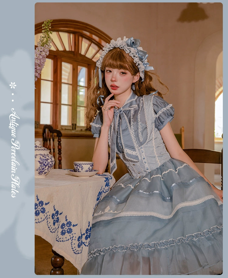 【受注予約7/8まで】Antique Porcelain Plates 半袖ブラウス