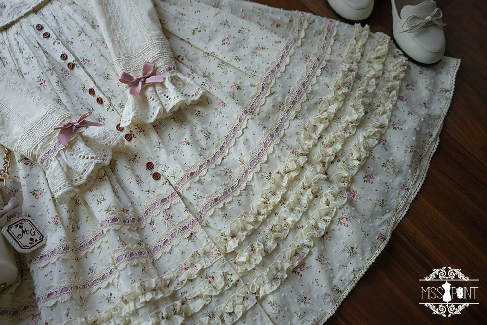 Pink Flower Cotton dress with small flower pattern buttons