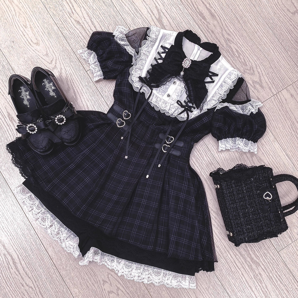 【予約販売】 Angel Heartbeat Black フリルチェックミニ丈ワンピース