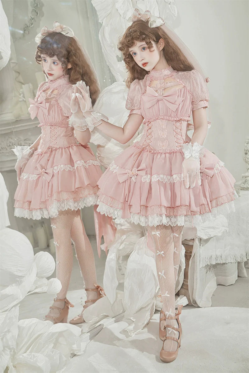 Baby Pink クロスリボンのコルセット風半袖ワンピース