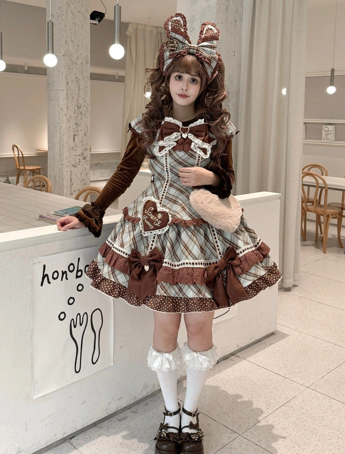 【受注予約11/13まで】Velvet Sweetie Heart チェックの半袖ワンピース・ブラウン