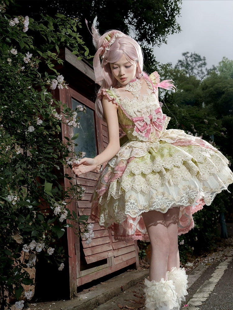 【受注予約6/18まで】Peacock Feather ミニドレス・ピンク×グリーン