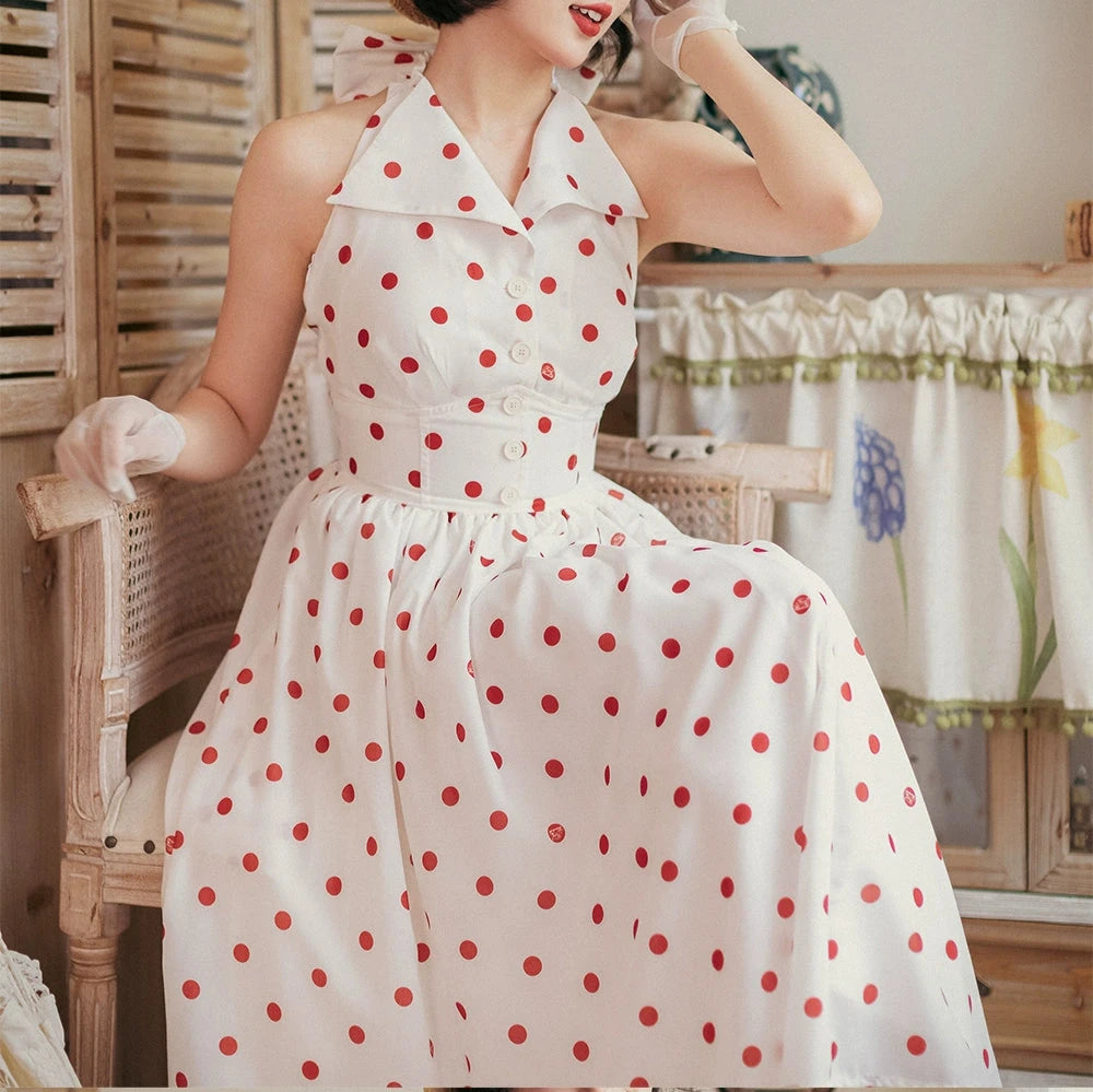 Afternoon Forest Retro Elegant Halter Neck Jumper Skirt with Hair Accessory