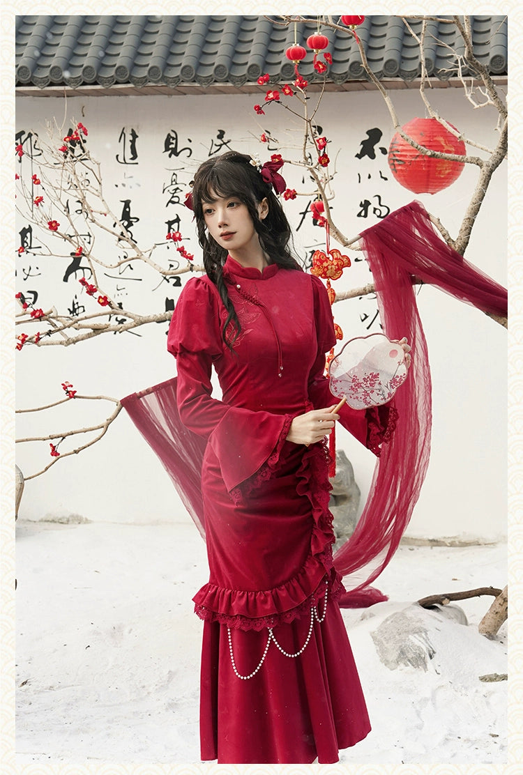 紅蝶 バタフライ刺繍のチャイナ風ドレス