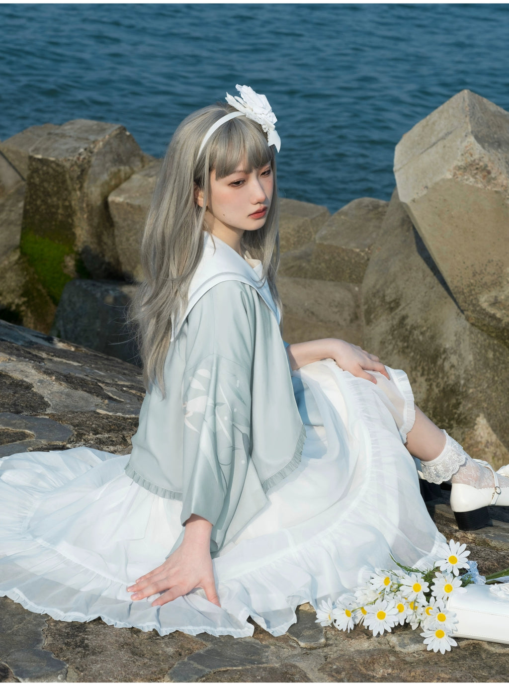 Blue Sea and Bright Moon セーラーカラーワンピース・羽織・エプロン3点セット