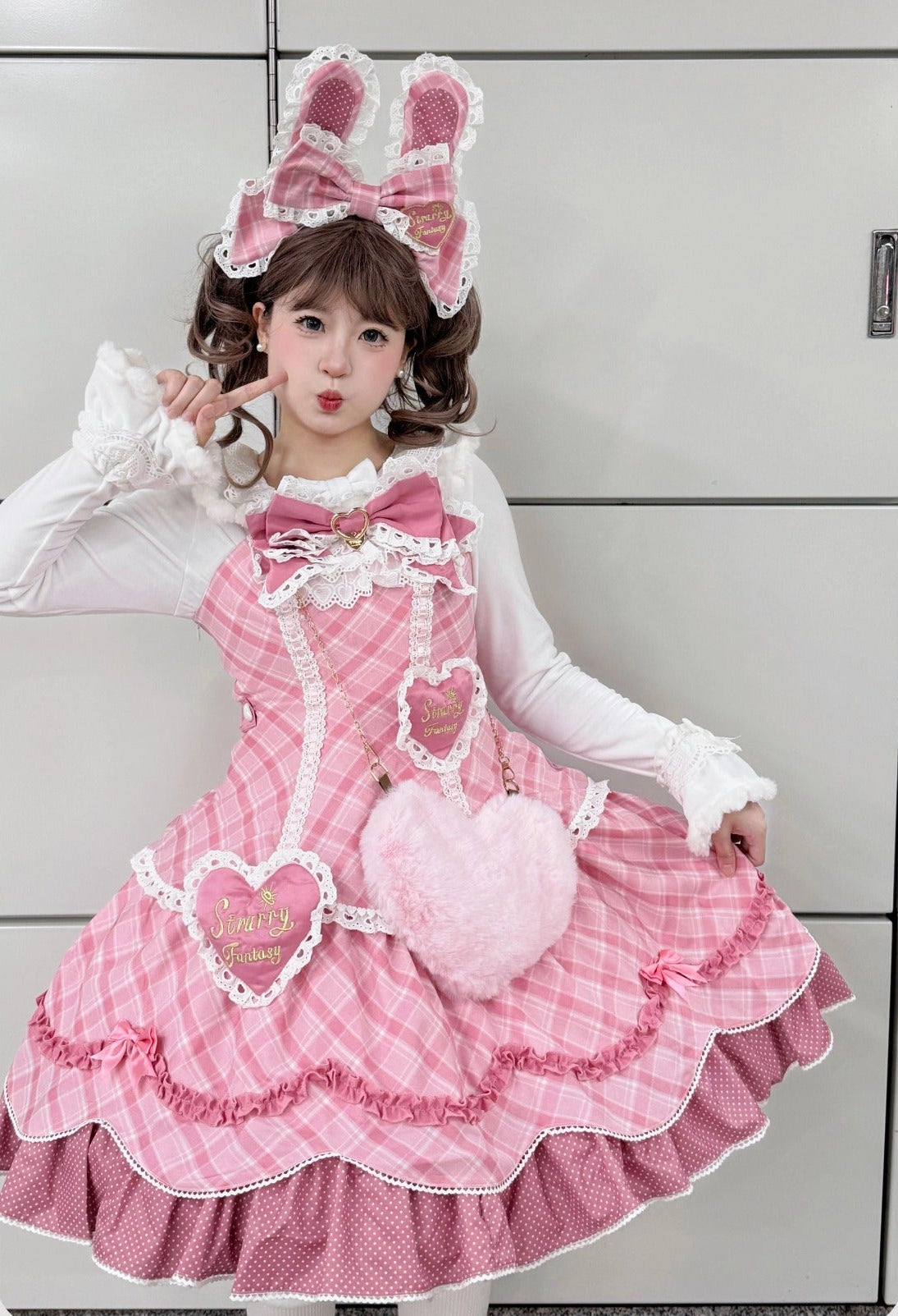 【受注予約11/13まで】Velvet Sweetie Heart チェックのジャンパースカート・ピンク