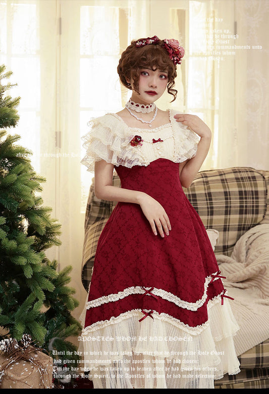 薔薇模様のジャガードフリルレース2wayワンピース 全4色