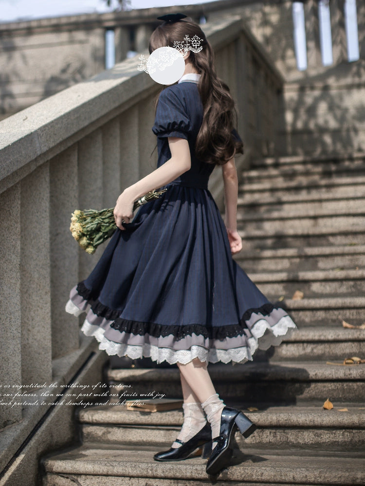 【予約販売】Phyllis ネイビーチェックのエレガントレトロ半袖ワンピース