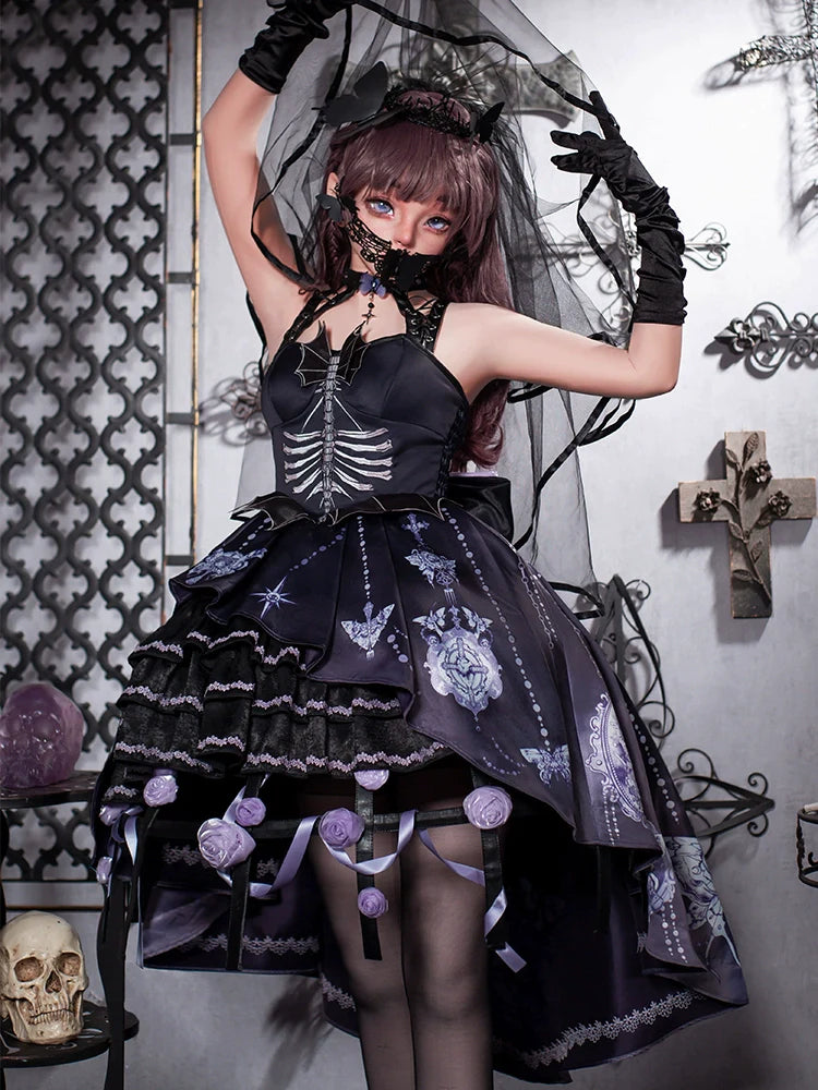 [Pre-order] Bat Wings skeleton pattern jumper skirt and purple rose crinoline