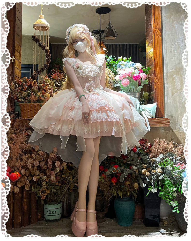 バラの涙 刺繍レースのミニ丈ジャンパースカート・ピンク