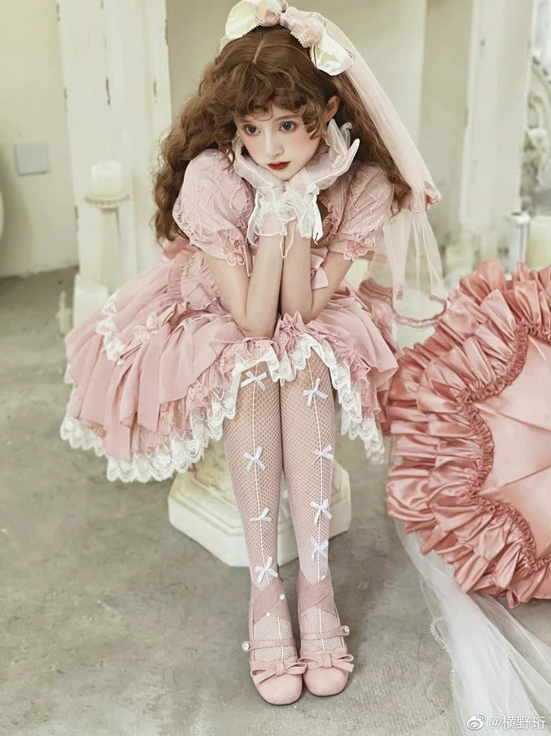 Baby Pink クロスリボンのコルセット風半袖ワンピース