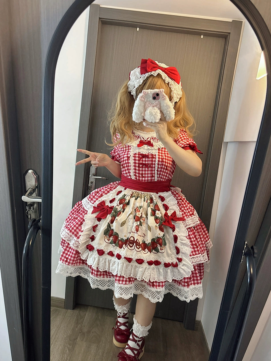 【受注予約8/18まで】Strawberry Sunshine Picnic カントリー風ワンピースとエプロン・ショート丈