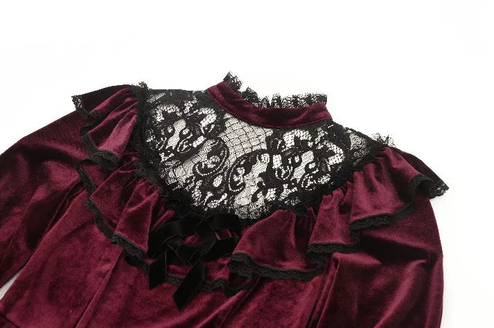 【Dark in Love】ダークレッド ベルベット×レース ゴスロリ長袖ワンピース | Blood Velvet (コピー)