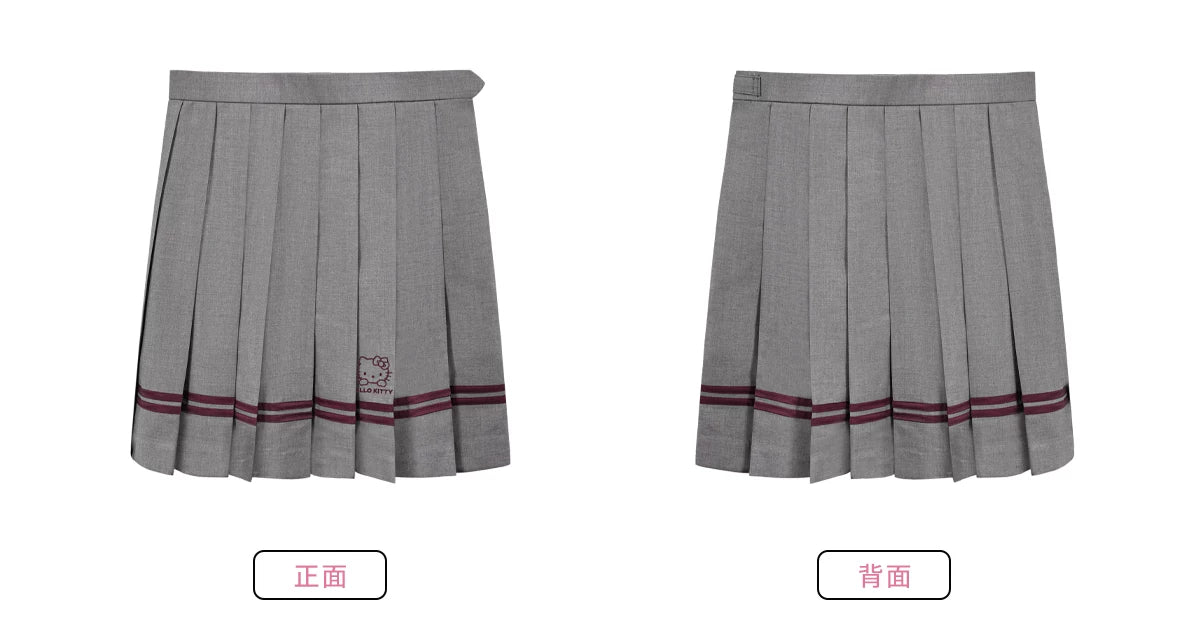 サンリオ キティ リボンタイ付 グレーのセーラーカラー半袖シャツとスカートのセットアップ