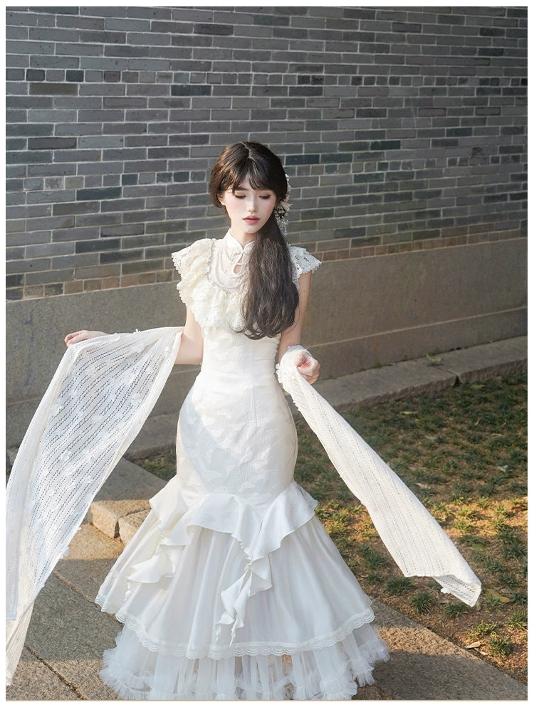 白百合色のフィッシュテール華ロリドレス