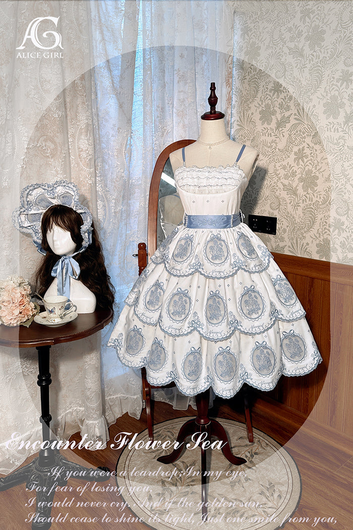 【予約販売】チューリップの丸窓刺繍三段ジャンパースカート