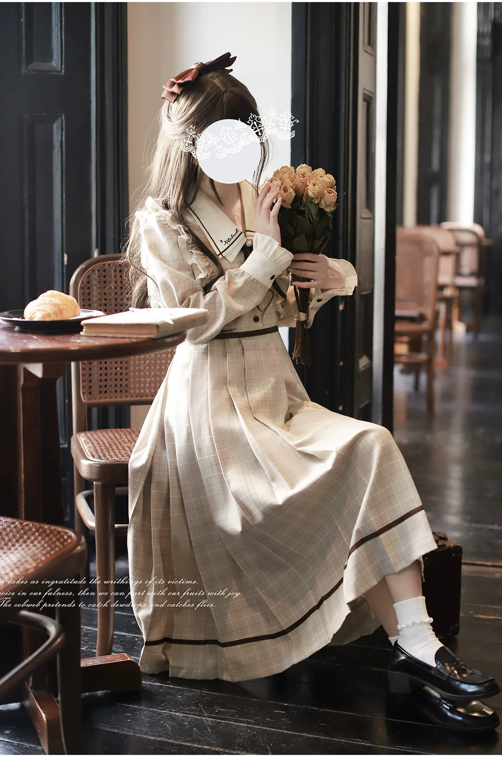 [Pre-order] Betty French Retro Beige Check Long Sleeve Dress
