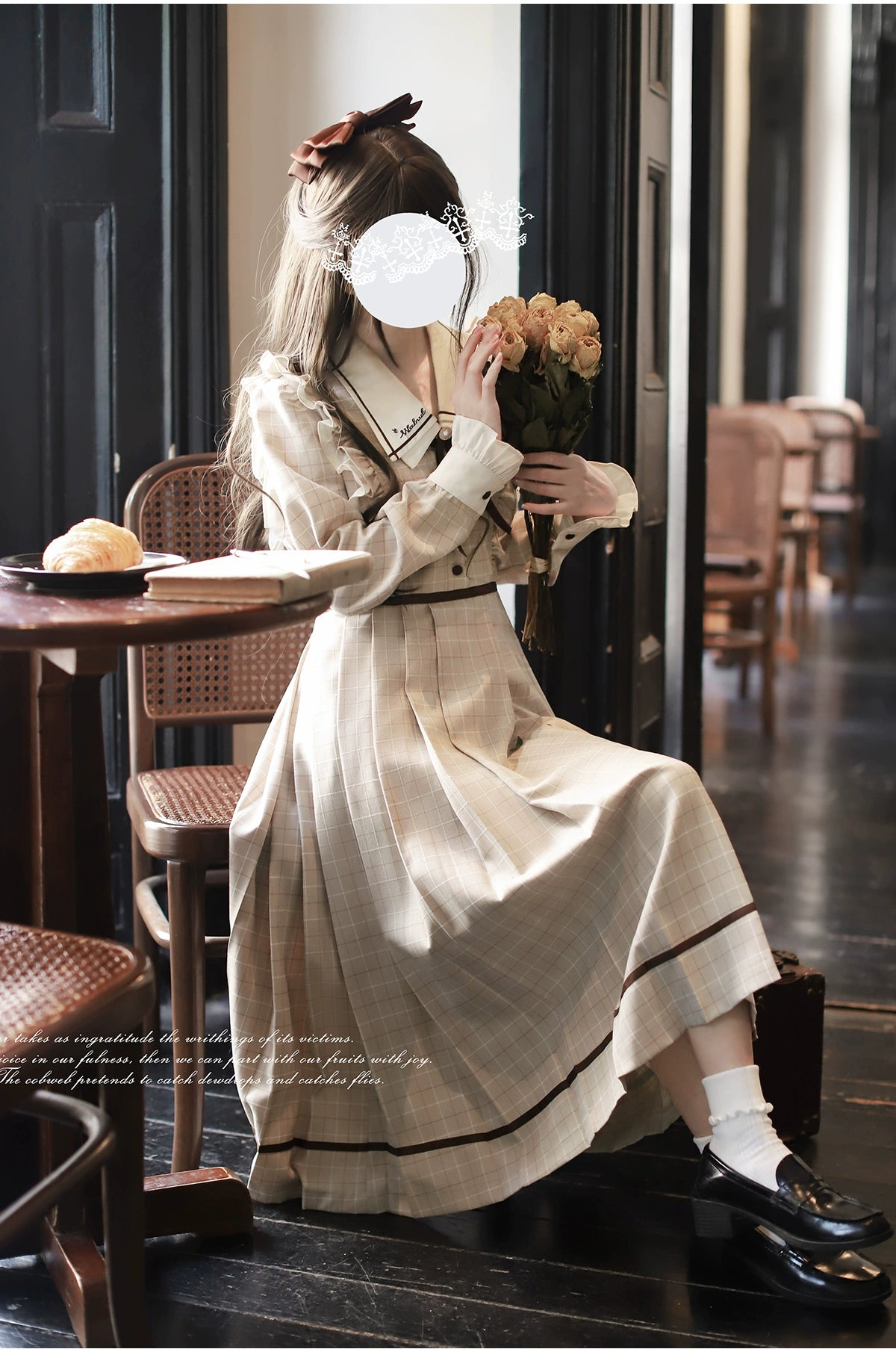 [Pre-order] Betty French Retro Beige Check Long Sleeve Dress