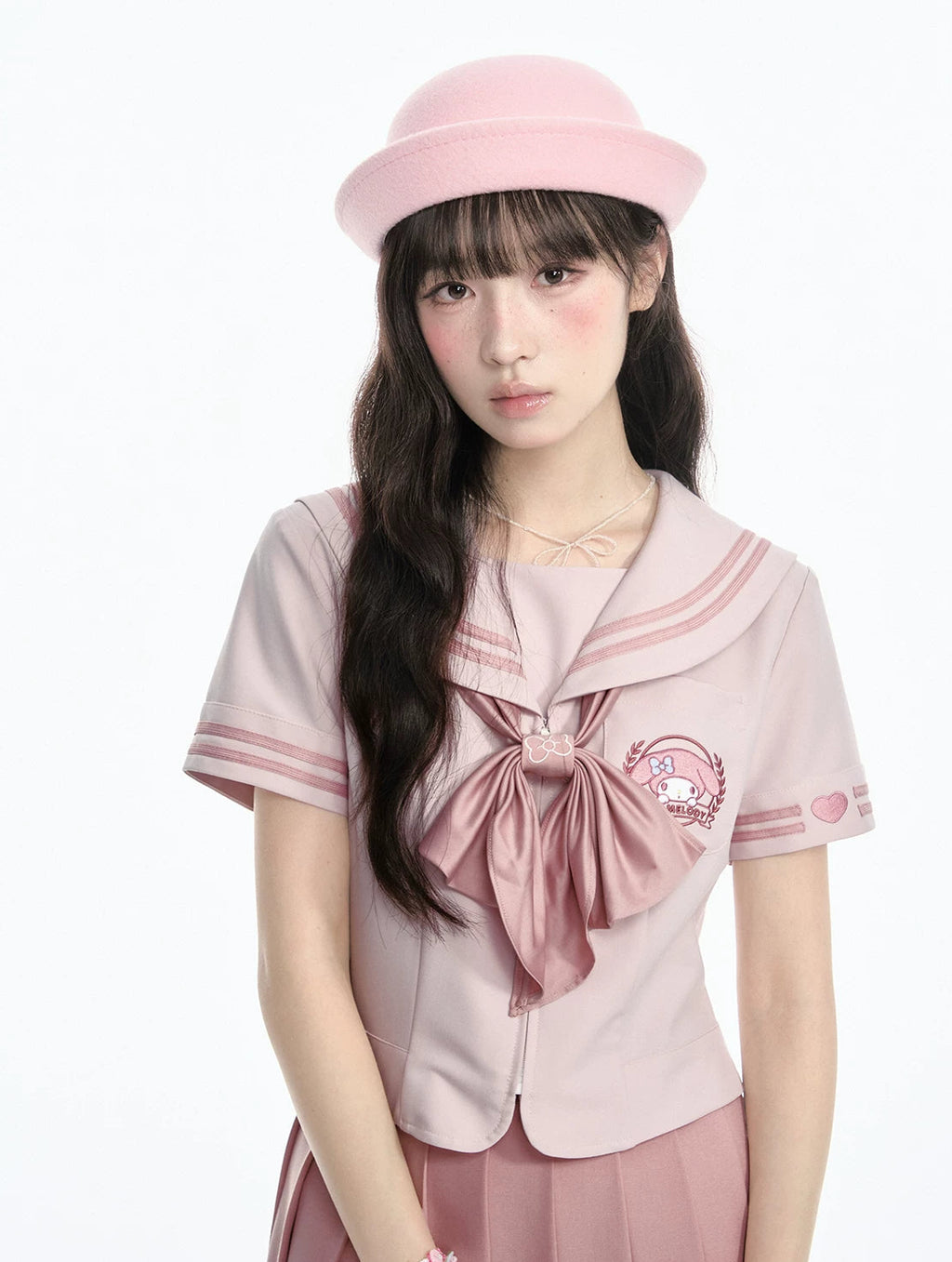 サンリオ マイメロディ リボンタイ付 セーラーカラー半袖シャツとスカートのセットアップ