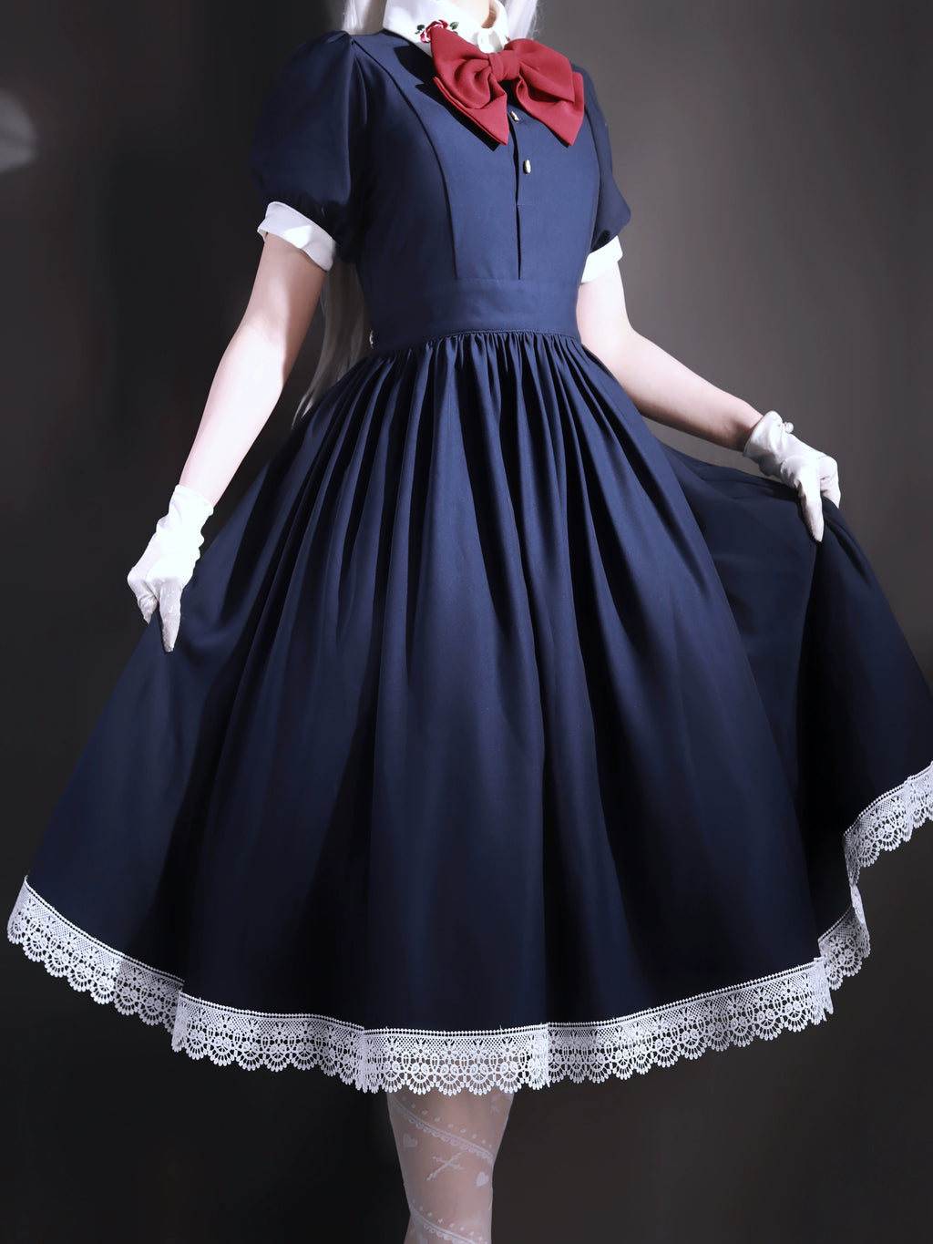 Maid-style dress with red rose embroidery and apron