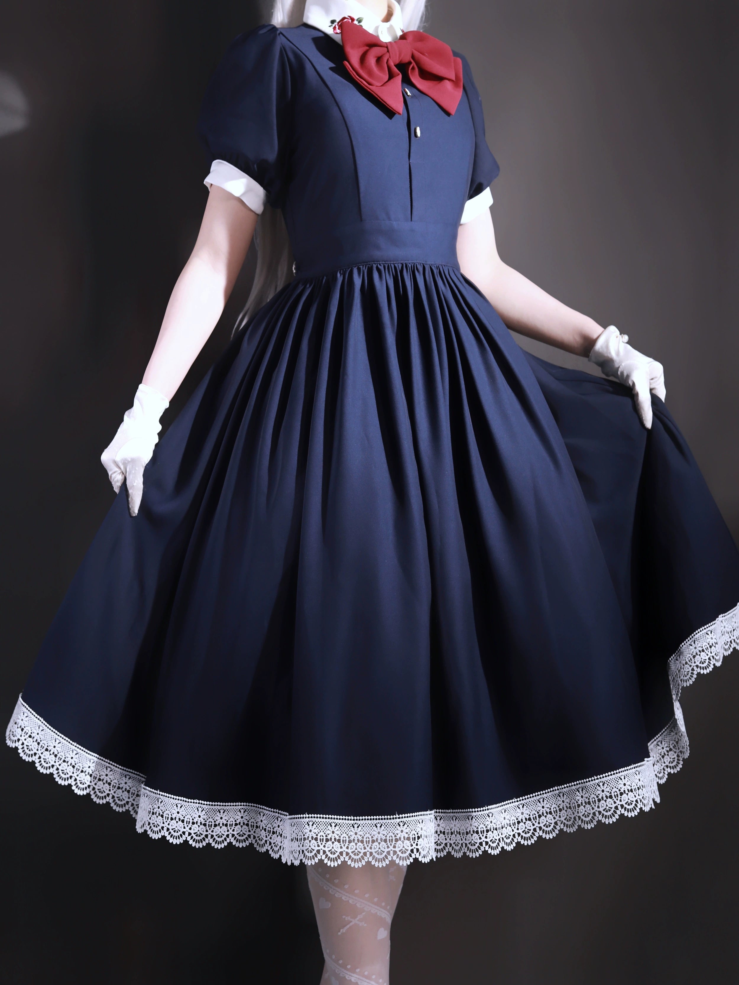 Maid-style dress with red rose embroidery and apron