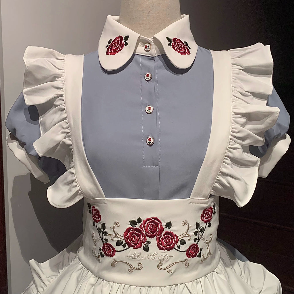 Maid-style dress with red rose embroidery and apron