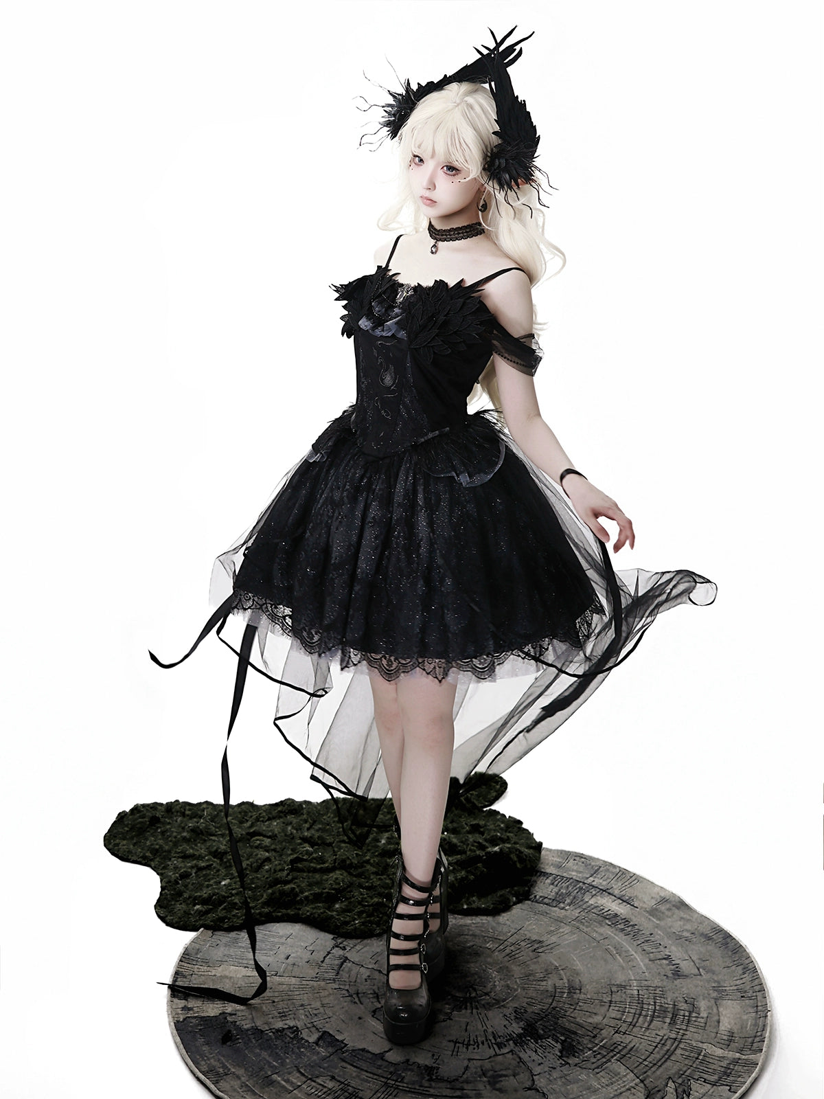 Black Feather 白鳥刺繍ジャンパースカートセット