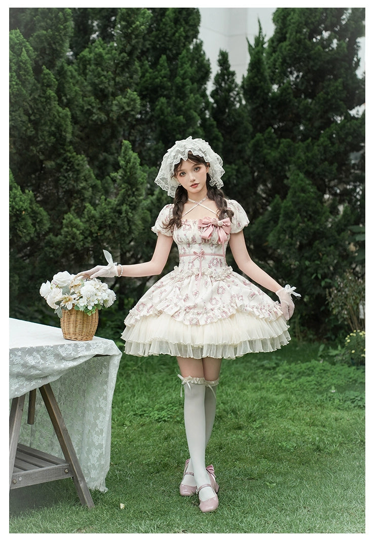 雨上がりの薔薇 プリントワンピース・ショート丈