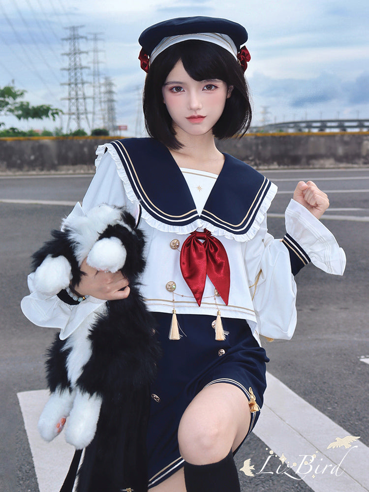 Starry Moon セーラー襟トップスとショートパンツセット