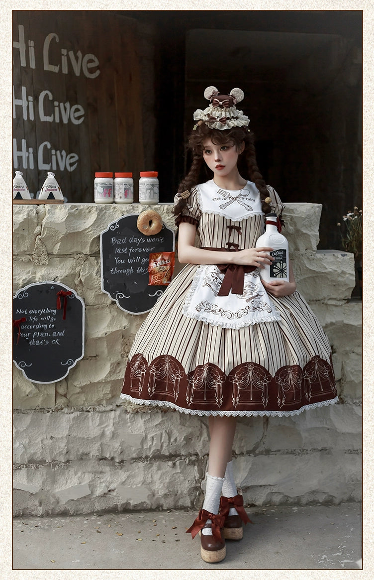 Afternoon tea striped short sleeve dress with arm sleeves and apron