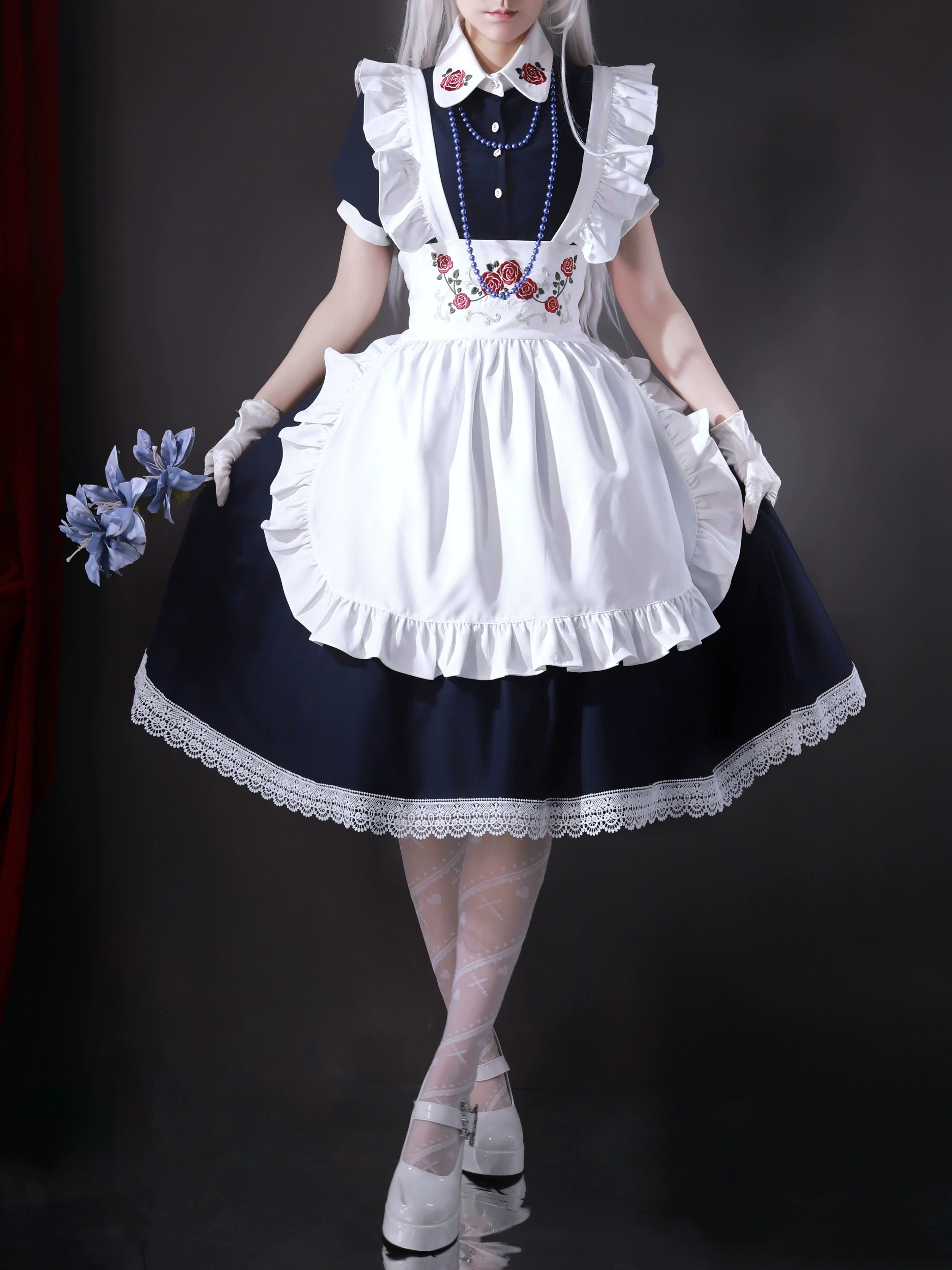 Maid-style dress with red rose embroidery and apron