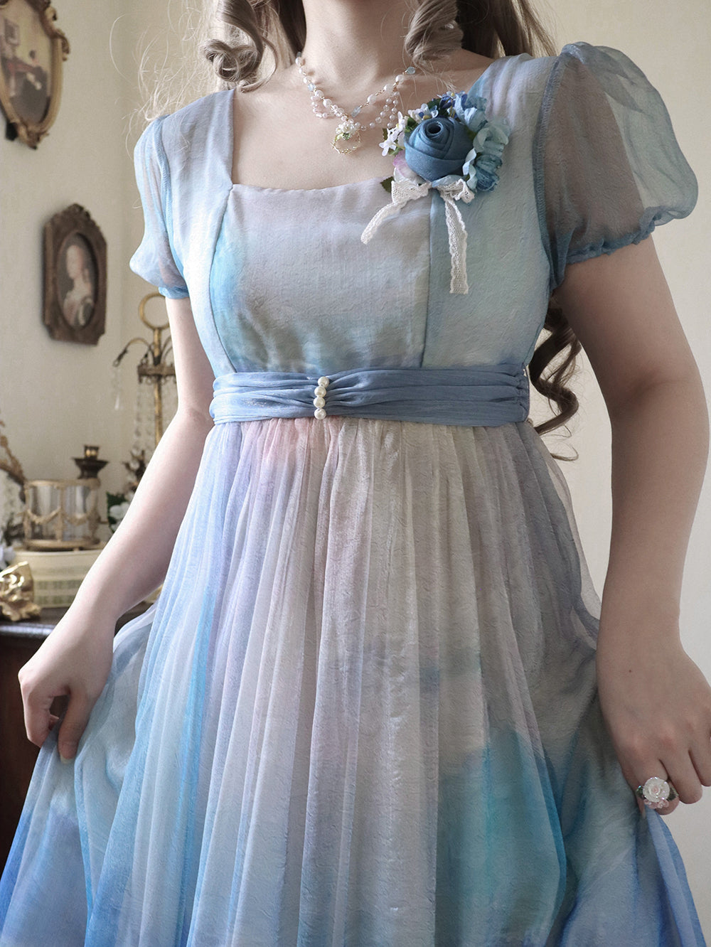 【予約販売】Elegance Greek 油彩画風プリントエンパイアワンピース・新色