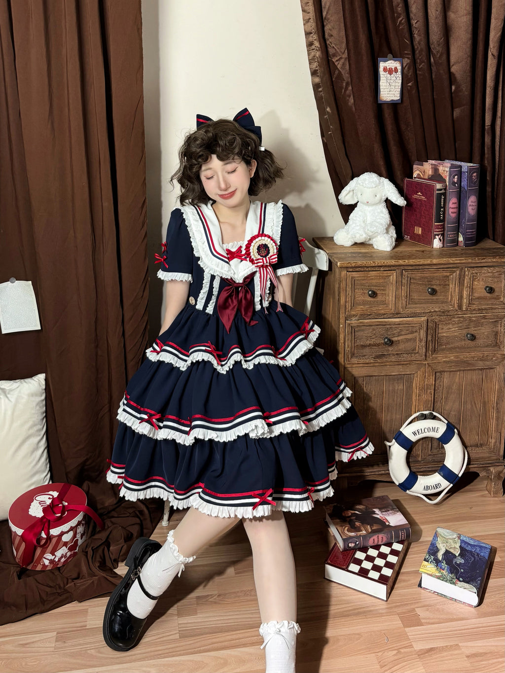 【受注予約4/28まで】セーラー襟と3段フリルの2wayマリンワンピース・ネイビー・ミドル丈