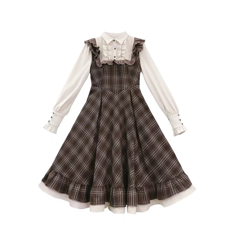 Tartan plaid pattern switching dress with ribbon tie