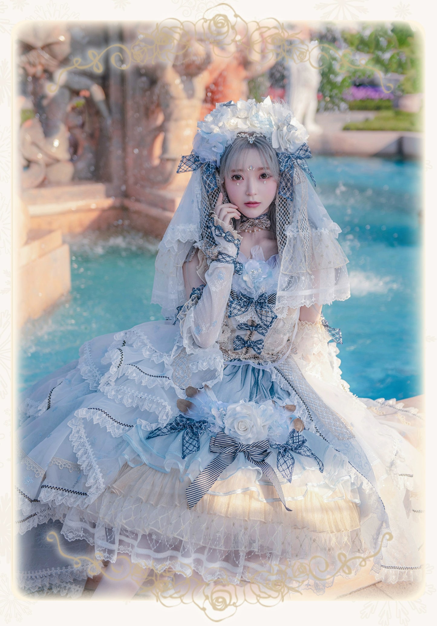 【受注予約8/13まで】Snow Rose Princess トレーン付きドレス・パステルブルー