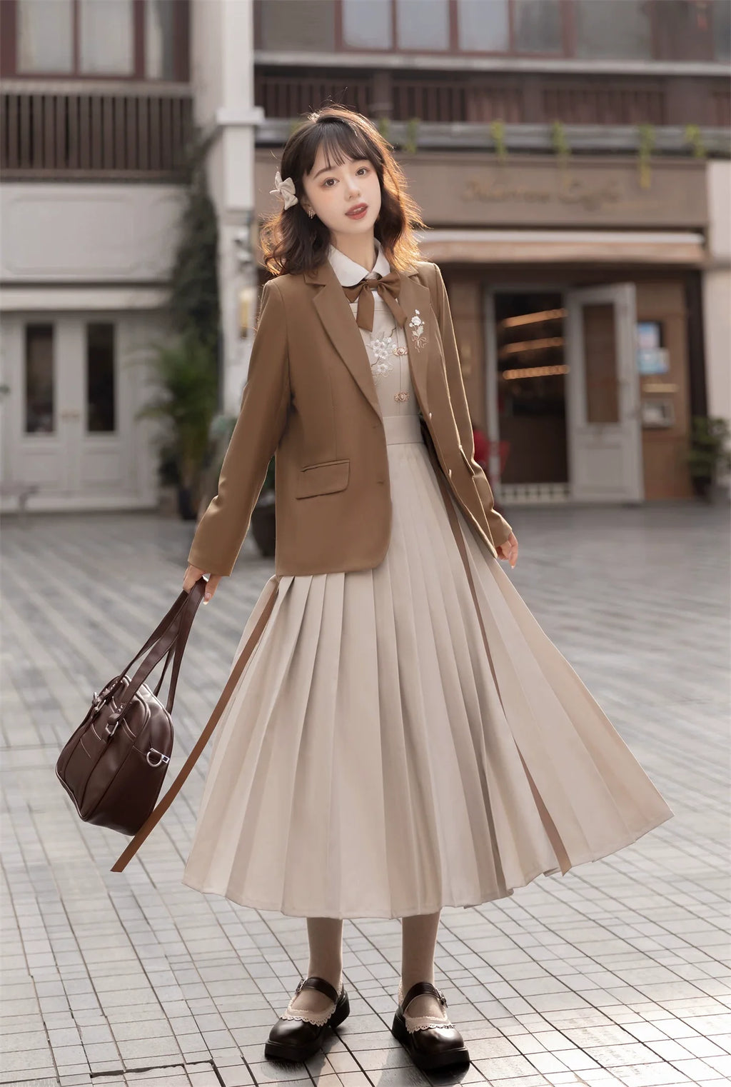 ベゴニア刺繍 制服風セットアップ リボンタイ付