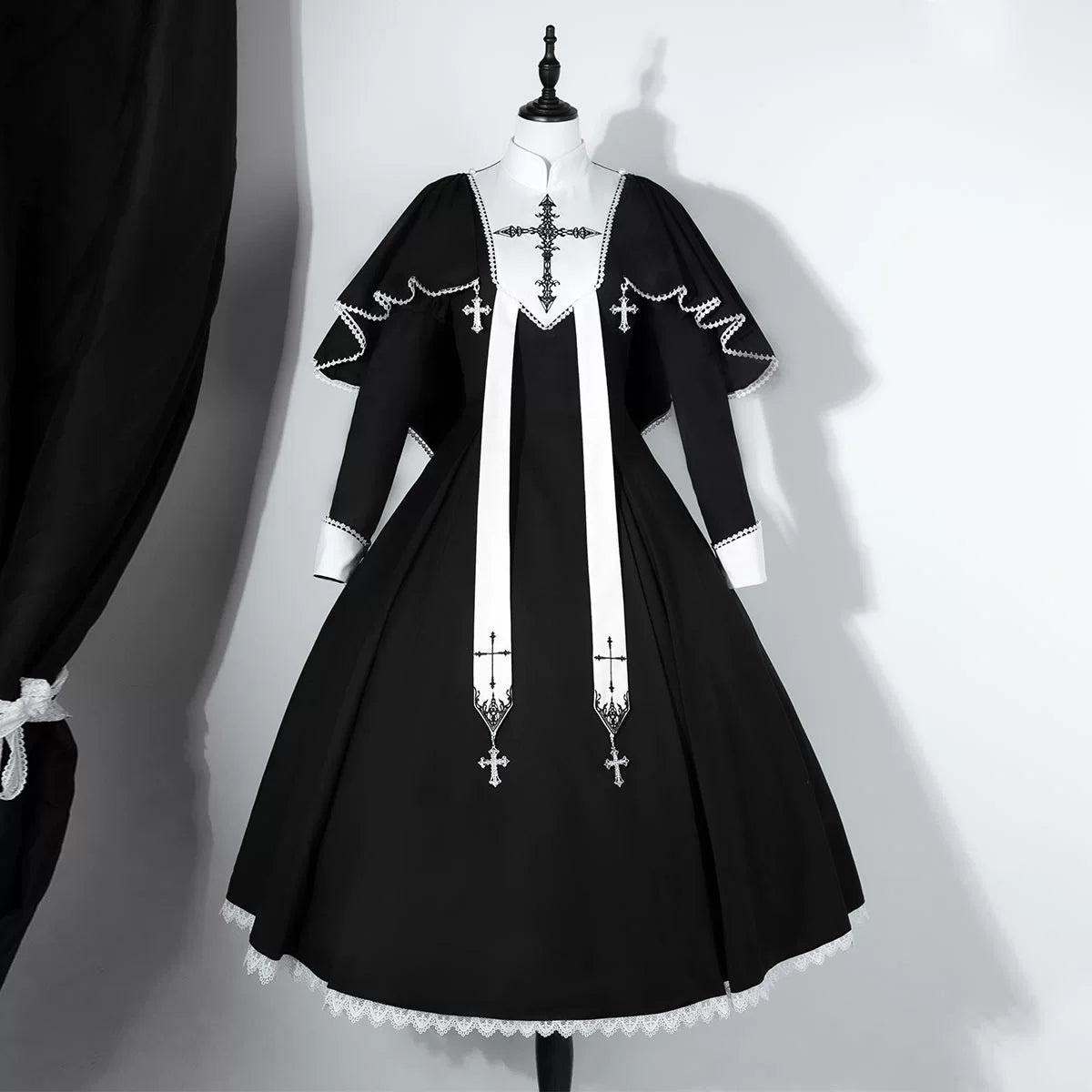 Nun-style cross-design gothic lolita long dress and cape