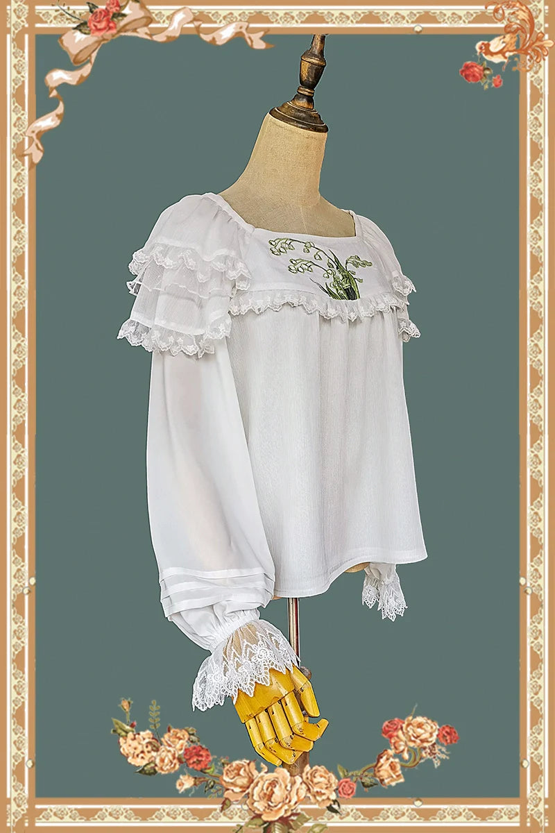 Suzuran embroidery ruffle long sleeve blouse