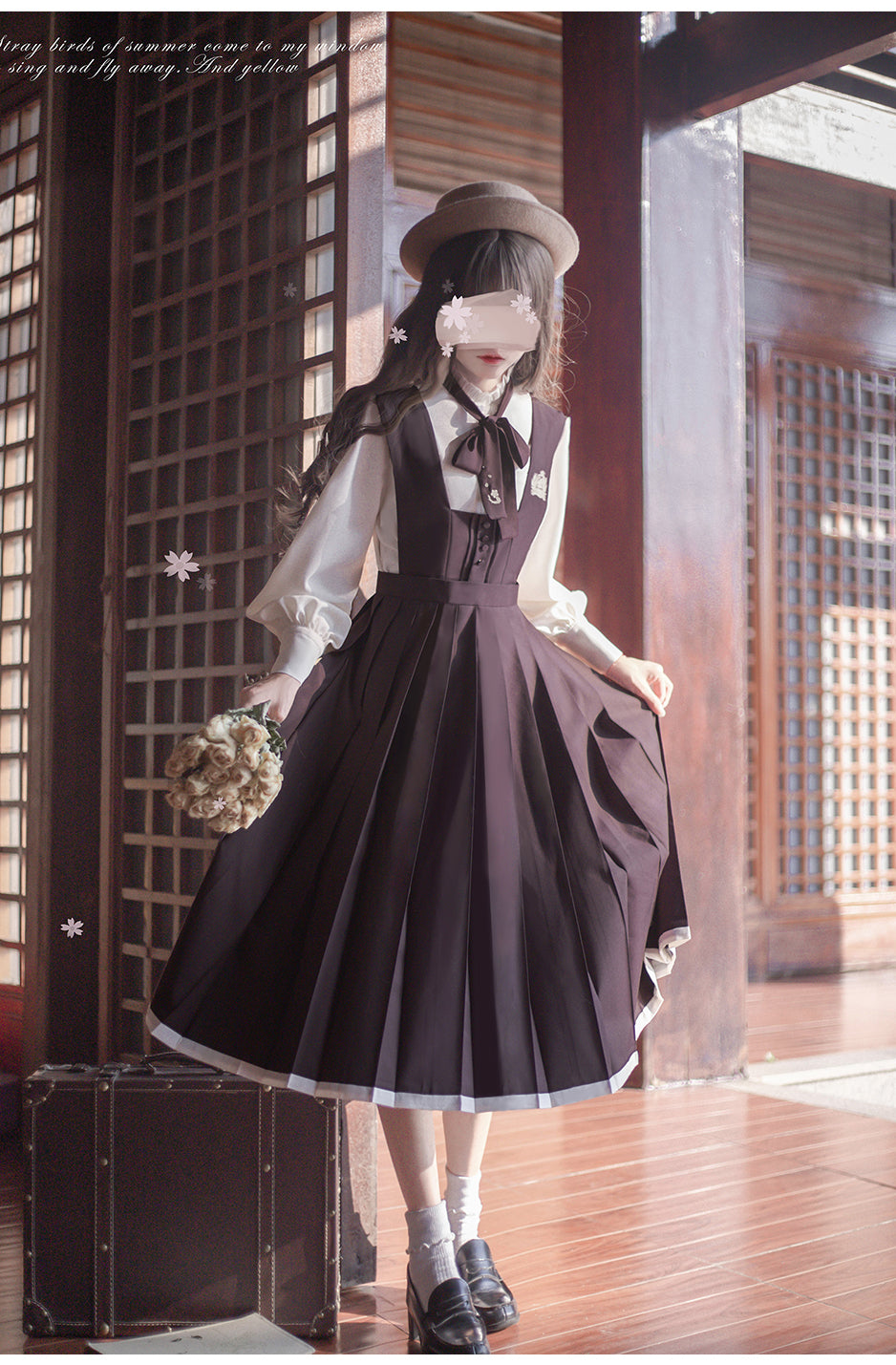 Japanese-style deep purple jumper skirt and blouse, haori, ribbon tie, corsage only